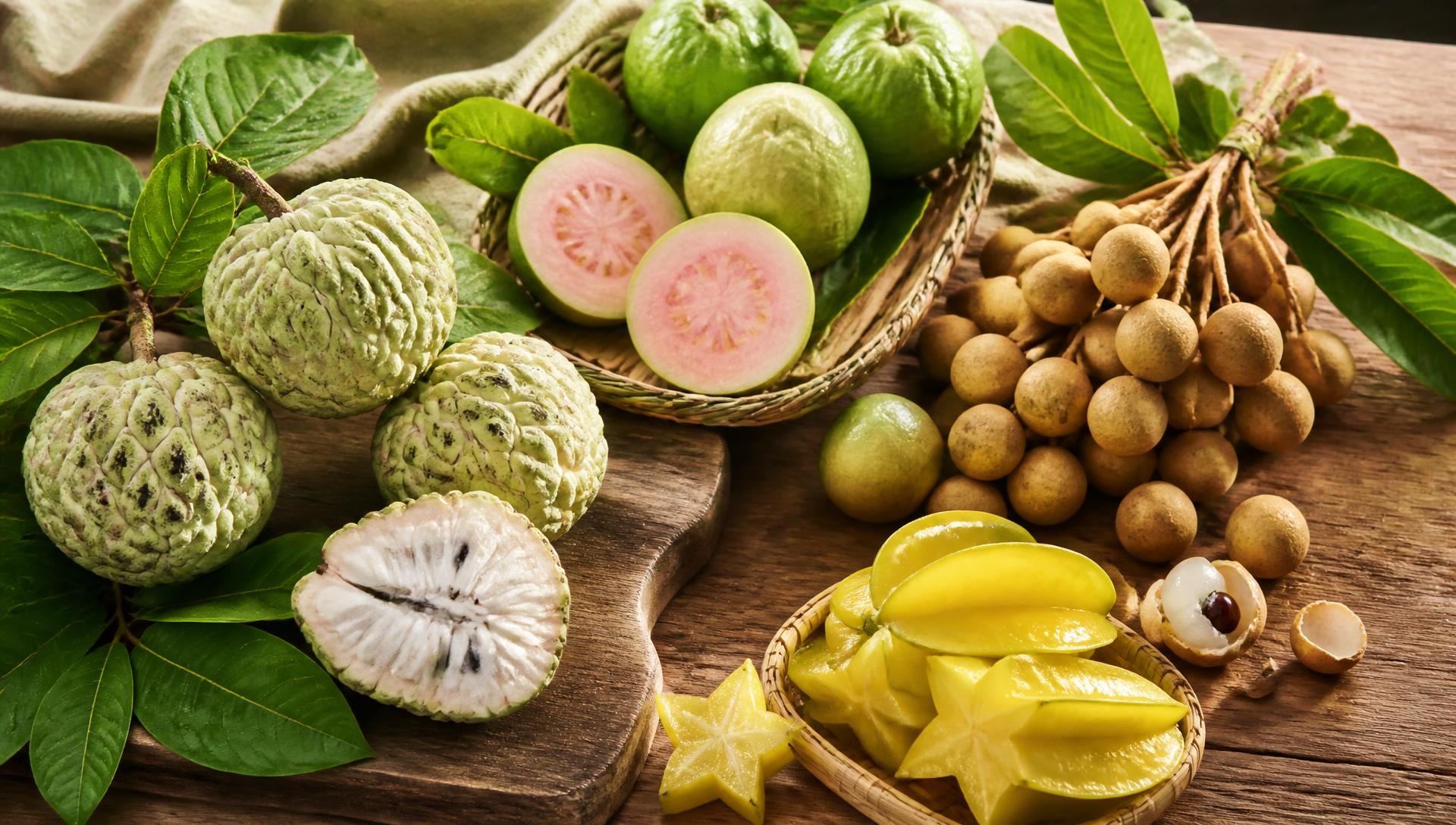 Fresh tropical farm produce including custard apple, guava, longan, and star fruit